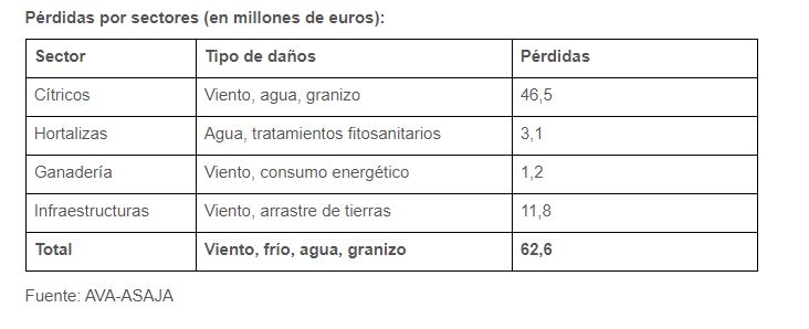 Pérdidas por sectores (en millones de euros)